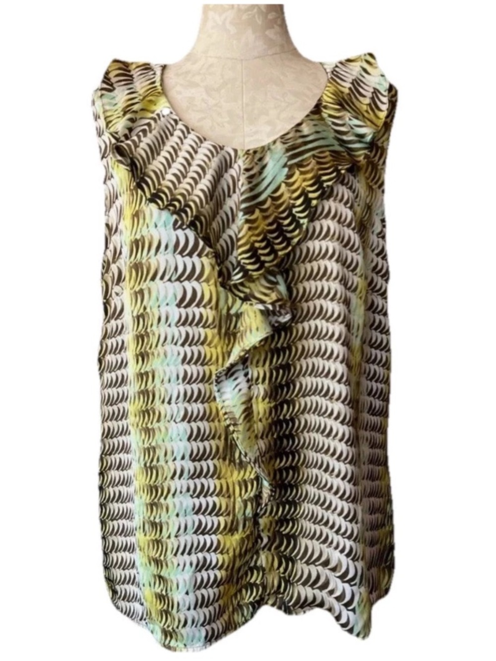The Limited Abstract Geometric Wave Ruffle Sleeveless Blouse Size XL